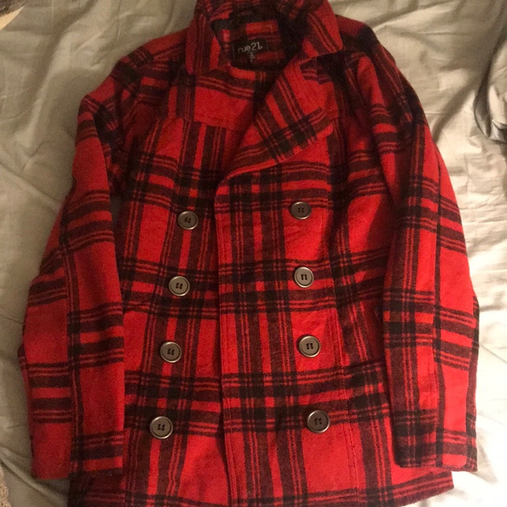 Checked red/black pea coat